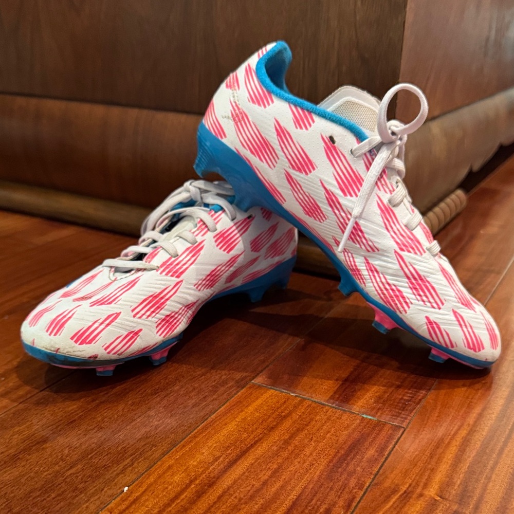 adidas Kids Soccer ⚽️ Shoes - White and Pink with Blue Accents